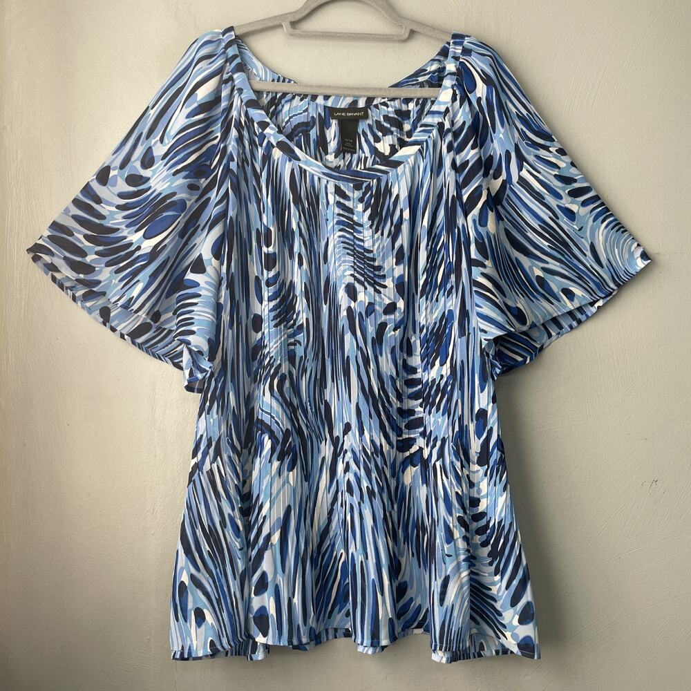 Lane Bryant Top Plus Size 26 28 Blue White Pleated Flowy Artsy Popover Flutter